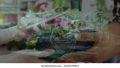 Image of digital interface over people using payment terminal. Global business, finances, data processing and digital interface concept digitally generated image.