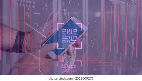 Image of digital interface over person using smartphone. global internet security, data processing, connections and digital interface concept digitally generated image.