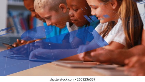 Image of digital interface over a row of primary school kids using touchscreens on tablet computers. Global digital education network digitally generated image.