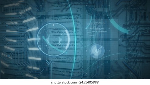 Image of digital interface over server room. Global business, finances, data processing and digital interface concept digitally generated image.