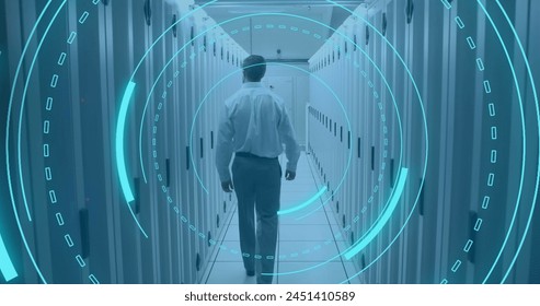 Image of digital interface over server room. Global business, finances, data processing and digital interface concept digitally generated image.