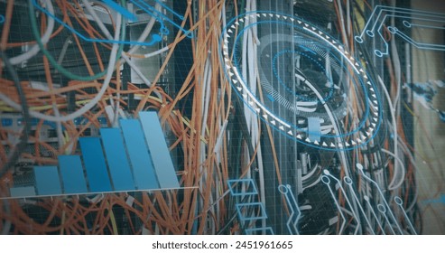 Image of digital interface over server room. Global science, connections, data processing and digital interface concept digitally generated image.