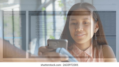 Image of digital interface over women using smartphone. Global connections, data processing and digital interface concept digitally generated image.