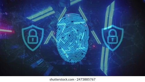 Image of digital interface padlocks, biometric fingerprint with moving blue neon tunnel. global technology online security concept digitally generated image.