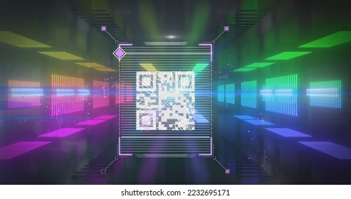 Image of digital interface QR code, biometric fingerprint being scanned with moving neon tunnel in the background. Global technology online security concept digitally generated image.