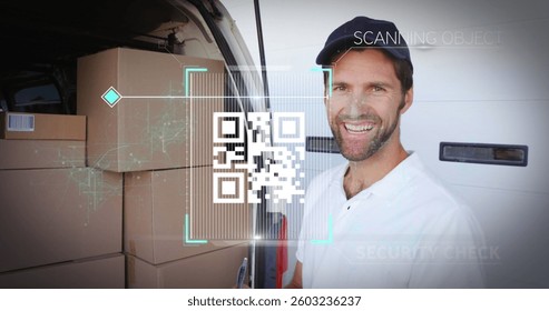 Image of digital interface with qr code being scanned over male delivery driver. global digital business and financial network digitally generated image.