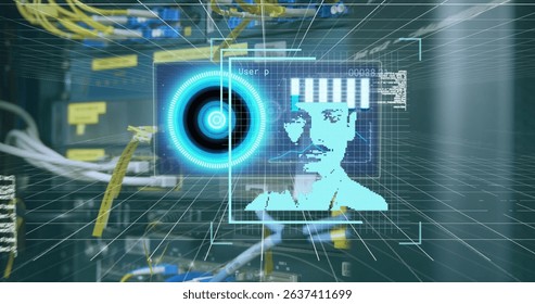 Image of digital interface with scan scoping over dark background. Global science, connections, data processing and digital interface concept digitally generated image.