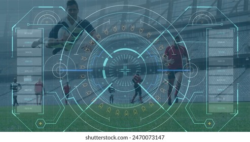 Image of digital interface with scope scanning over football players. global sports, competition, connections, data processing concept digitally generated image.