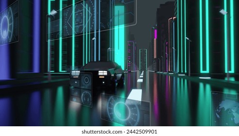 Image of digital interface with scopes over car driving. Global connections, networks, data processing and digital interface concept digitally generated image.