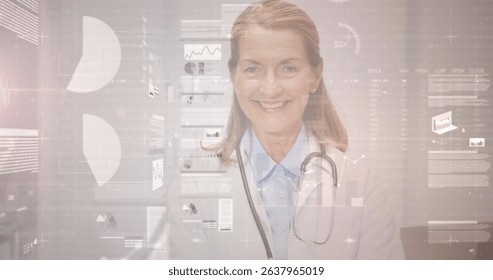 Image of digital interface screen with charts and data over portrait of caucasian female doctor. Digital composite, hologram, smiling, infographic, futuristic, medical and healthcare concept.