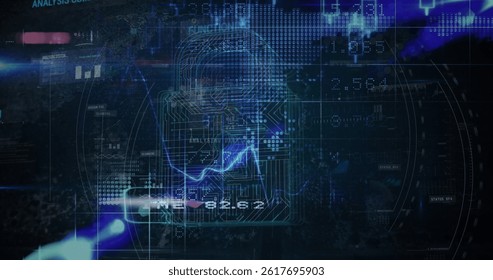 Image of digital interface with security padlock over dark background. global connections, data processing and digital interface concept digitally generated image.