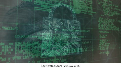 Image of digital interface with security padlock over human eye. global connections, data processing and digital interface concept digitally generated image.