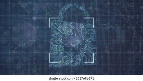 Image of digital interface with security padlock over dark background. global connections, data processing and digital interface concept digitally generated image.