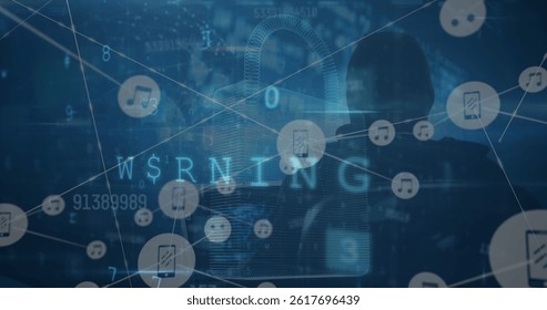 Image of digital interface with security padlock over dark background. global connections, data processing and digital interface concept digitally generated image.