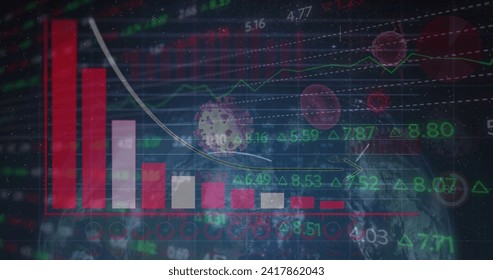 Image of digital interface showing statistics with globe spinning. Digital interface and global business, digitally generated image