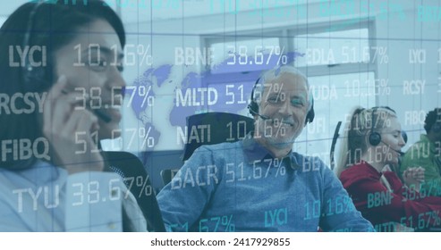 Image of digital interface showing statistics with diverse colleagues working together in an office. Digital interface and global business, digitally generated image