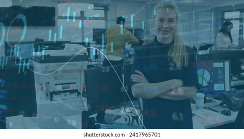 Image of digital interface showing statistics with diverse colleagues working together in an office. Digital interface and global business, digitally generated image