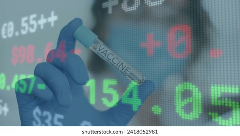 Image of digital interface showing statistics with scientist holding covid-19 vaccine wearing face masks. Healthcare and protection during coronavirus covid 19 pandemic, digitally generated image - Powered by Shutterstock