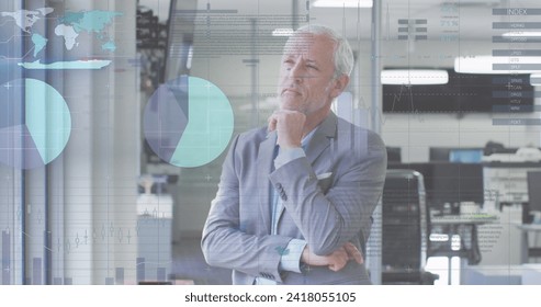 Image of digital interface showing statistics with man looking through window in an office. Digital interface and global business, digitally generated image