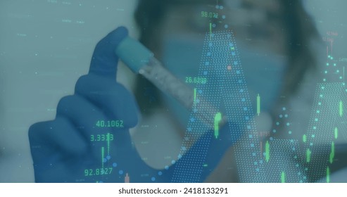 Image of digital interface showing statistics with scientist holding covid-19 vaccine wearing face masks. Healthcare and protection during coronavirus covid 19 pandemic, digitally generated image - Powered by Shutterstock