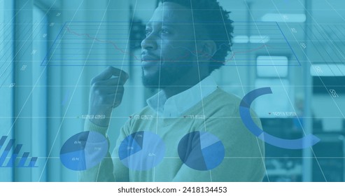 Image of digital interface showing statistics with man looking through window in an office. Digital interface and global business, digitally generated image