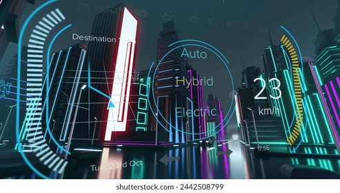 Image of digital interface with speedometer over vehicles flying. Global connections, networks, data processing and digital interface concept digitally generated image.