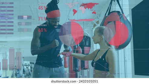 Image of digital interface with statistics and data processing over male coach and female boxer at boxing gym. Global computer network technology concept digitally generated image. - Powered by Shutterstock