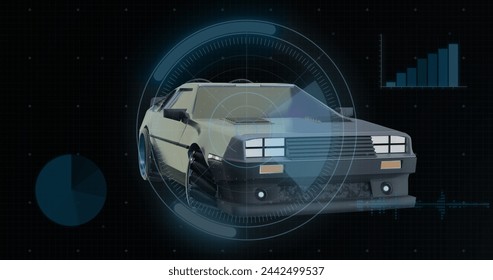 Image of digital interface with statistics over car driving. Global connections, networks, data processing and digital interface concept digitally generated image.