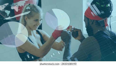 Image of digital interface with statistics scanning and data processing over female boxer with her male coach boxing. Global computer network technology concept digitally generated image. - Powered by Shutterstock