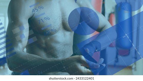 Image of digital interface with statistics scanning and data processing over 
male boxer with her male coach boxing. Global computer network technology concept digitally generated image.