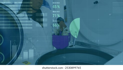 Image of digital interface and statistics with scientist working with equipment in lab. healthcare, medical research and protection during coronavirus covid 19 pandemic, digitally generated image. - Powered by Shutterstock