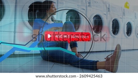 Image of digital interface Subscribers text with growing numbers on red speech bubble and blue lines over woman using smartphone. Global social media network digitally generated image.