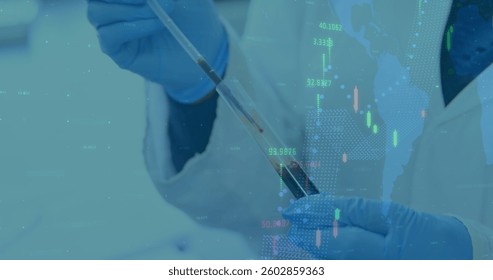 Image of digital interface world map and statistics with hands of scientist testing in lab. healthcare and protection during coronavirus covid 19 pandemic, digitally generated image. - Powered by Shutterstock - Get 15% off with code: PIKWIZARD15
