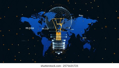 Image of digital lightbulb and media icons over world map and data processing. Global technology and digital interface concept, digitally generated image. - Powered by Shutterstock - Get 15% off with code: PIKWIZARD15