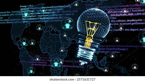 Image of digital lightbulb and media icons over world map and data processing. Global technology and digital interface concept, digitally generated image. - Powered by Shutterstock - Get 15% off with code: PIKWIZARD15