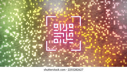 Image of digital neon qr code flickering over purple and green mosaic in background. Global online identity, data processing and computing concept digitally generated image.