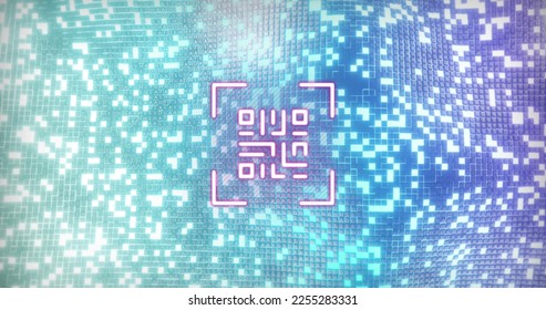Image of digital neon qr code flickering over purple and green mosaic in background. Global online identity, data processing and computing concept digitally generated image.