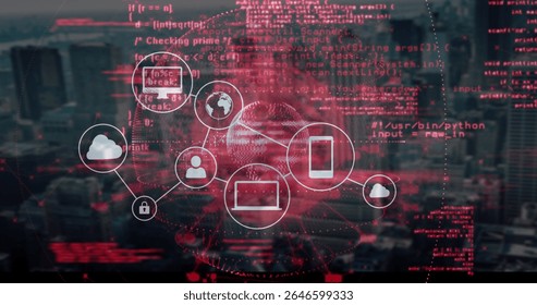 Image of digital network icons with red coding over cityscape data processing. Technology, futuristic, communication, cybersecurity, innovation