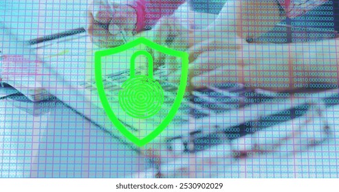 Image of digital online security padlock icon over schoolchildren using laptop computer at school. Education business social media network interface concept digital composite.