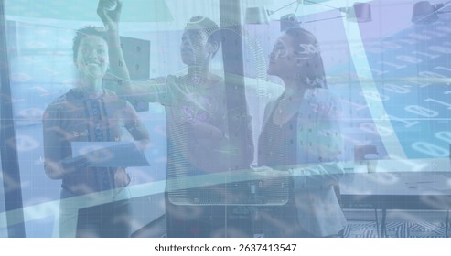 Image of digital padlock and binary code over diverse coworkers in office. Business, finance, economy, communication and cooperation concept digitally generated image.