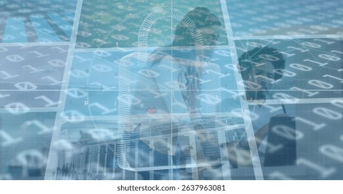 Image of digital padlock and binary code over diverse coworkers in office. Business, finance, economy, communication and cooperation concept digitally generated image.