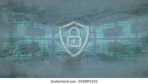 Image of digital padlock and block chain over cityscape. Data processing, network, digital security and technology concept digitally generated image.