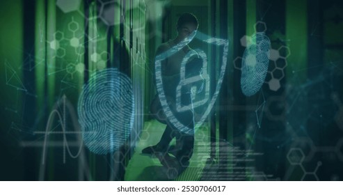 Image of digital padlock, data nd hexagons over caucasian woman checking servers. Network, connections, data processing and technology concept digitally generated image. - Powered by Shutterstock