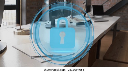 Image of digital padlock icon and data processing over desks in office. Global finance, business, connections, computing and data processing concept digitally generated image. - Powered by Shutterstock - Get 15% off with code: PIKWIZARD15