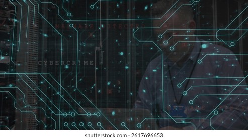 Image of digital padlock and integrated circuit over caucasian male programmer. global internet security, data safety and digital interface concept digitally generated image. - Powered by Shutterstock - Get 15% off with code: PIKWIZARD15