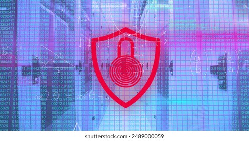 Image of digital padlock, mathematical equations and data processing over computer servers. Global computing and data processing concept digitally generated image.