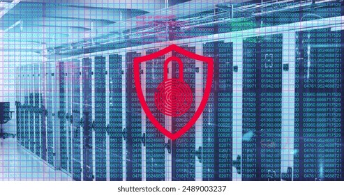 Image of digital padlock, mathematical equations and data processing over computer servers. Global computing and data processing concept digitally generated image.