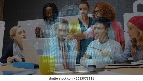 Image of digital padlock over happy diverse female and male coworkers. Business, data processing, security, connections and technology concept digitally generated image.