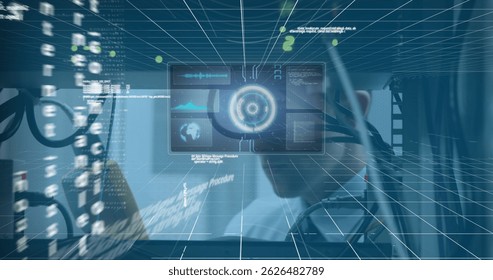 Image of digital padlock over technology icons and data processing on blue background. Global technology and digital interface concept digitally generated image.