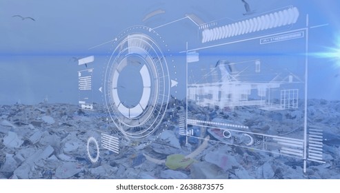 Image of digital scanner with interface and birds flying over junkyard against clear sky. Digital composite, multiple exposure, infographic, recycling, pollution, waste management, conservation.